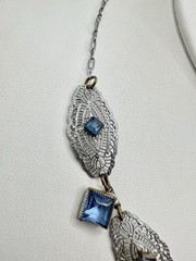 Victorian Art Deco White Metal Blue Glass Filigree Link Necklace Delicate Read