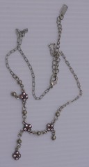 L – VINTAGE 1928 NECKLACE WITH PINK STONES, DANGLE, 17 INCHES