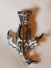 Vintage Sterling Silver Scottish Thistle Brooch With Gold Oval Rhinestone