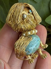 Vintage Gold tone wired faux turquoise pearl Dog Brooch Pin Jewelry
