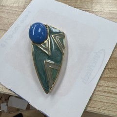 Vtg Trifari Teal Enamel Blue Cabochon Geometric Space Age Gold Tone Brooch H10