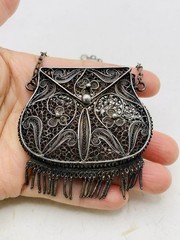 Antique Silver Tone Intricate Filigree Swirl Flower Coin Perfume Purse Pendant
