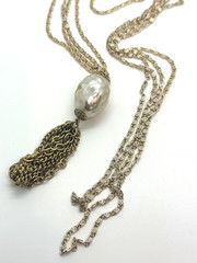 Vintage Faux Baroque Pearl Pendant Necklace Gold Tone Opera Length