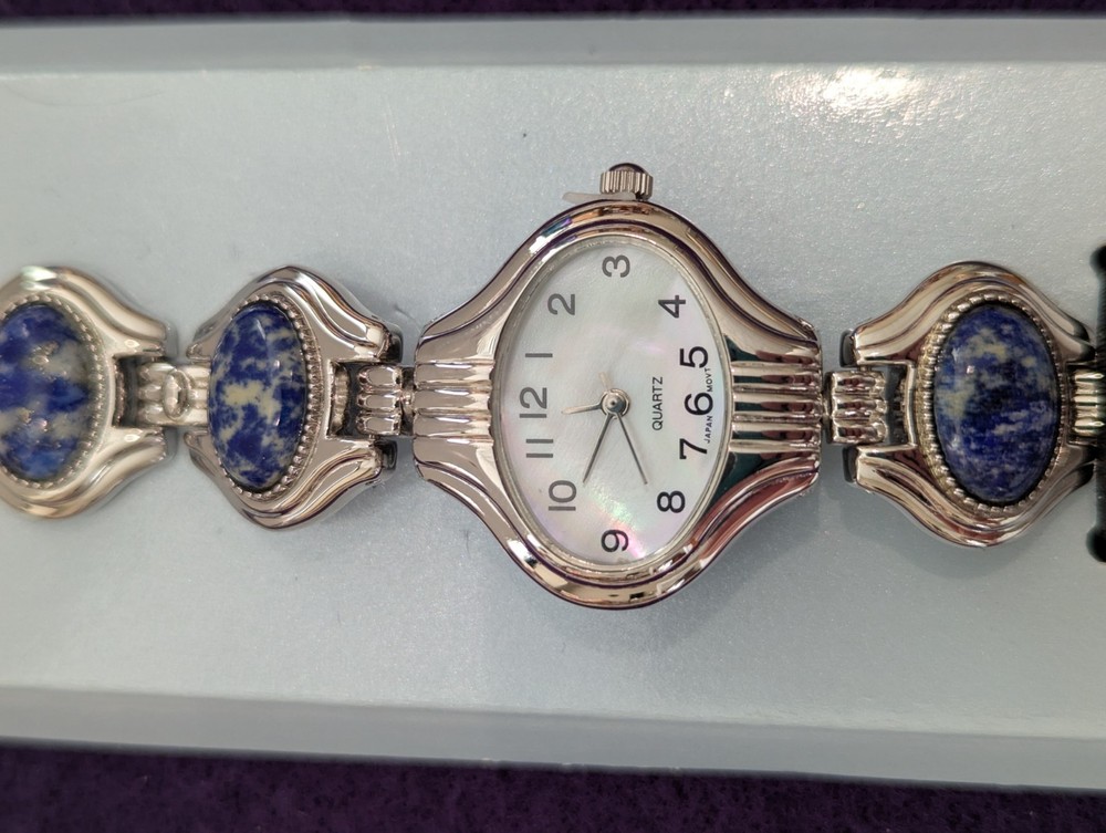 Vintage Avon Blue Gemstone Swivel Watch Bracelet Silver Tone