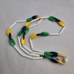 Vintage Colorful Beaded 32″ Necklace Blue Green Yellow White Boho Bohemian MCM