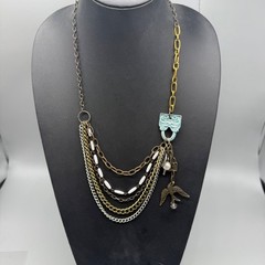Plunder Multi-Layer Chain Pendant Necklace Bird & Pearl Charms 24 Inch Mixed Met
