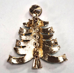 Estate Gold Tone Rhinestone & Green Glitter Christmas Tree Pin / Brooch