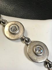 JACKIE SPECTOR Silver Pewter Tone Round Link Rhinestone 8″ Toggle Bracelet