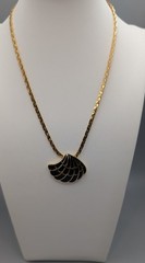 Vintage Trifari Black Enamel Scallop Shell Fan Necklace Gold Tone Herringbone