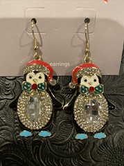 hildie & jo Penguin Earrings Rhinestones French Hook Back Christmas New