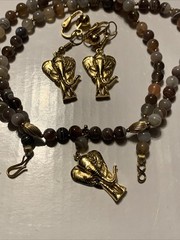 24 Karat Gold Plated Elephants Botswana Agate Necklace And Earrings