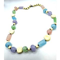 Vintage Pastel Carved Bead Necklace 24″ Textured Beads Spring Easter