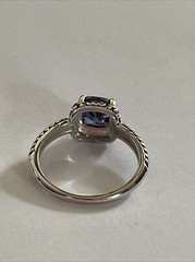 Simulated Square Blue Sapphire Stone Ring Scrolls & Beading on Band Size 8