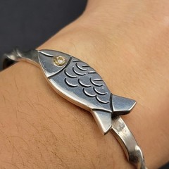 Vintage Taxco Mexico 925 Sterling Silver Fish Bangle Bracelet Twisted Cuff 21g