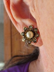 Vintage Two Tone Metal Faux Pearl Damascene Flower Clip Earrings AS IS