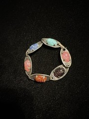 Vintage Glass Scarab Sterling Silver Egyptian Revival Style 6.5” Bracelet