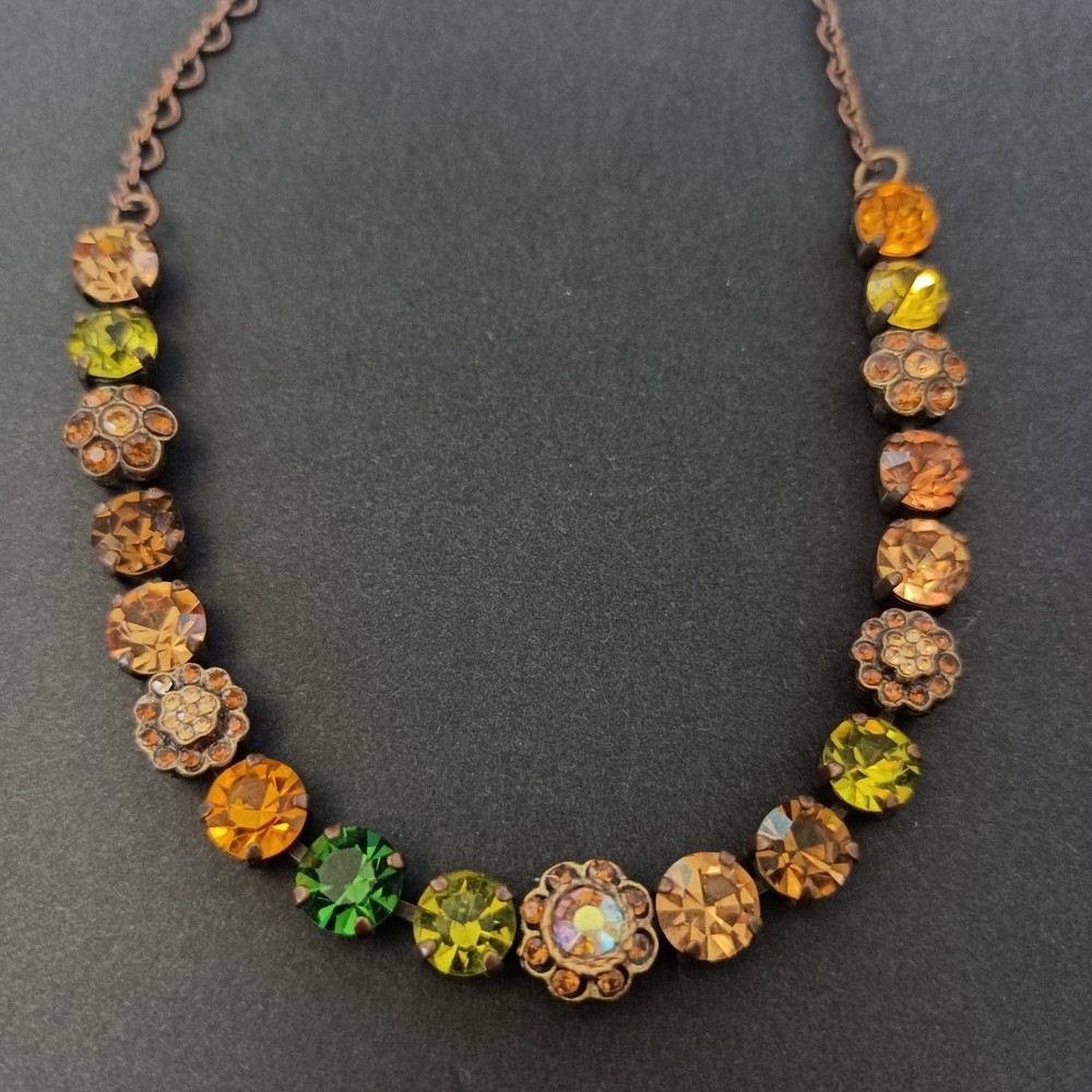 Vintage Crystal Necklace Autumn Brown Green Brass Statement Romantic Statement
