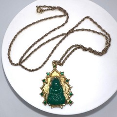 Vintage gold tone green faux jade art glass Buddha pendant 24″ chain necklace