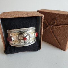 Vintage Tribal Cuff Bracelet | Mixed-Silver 800-900 Content | Red Carnelian Acce