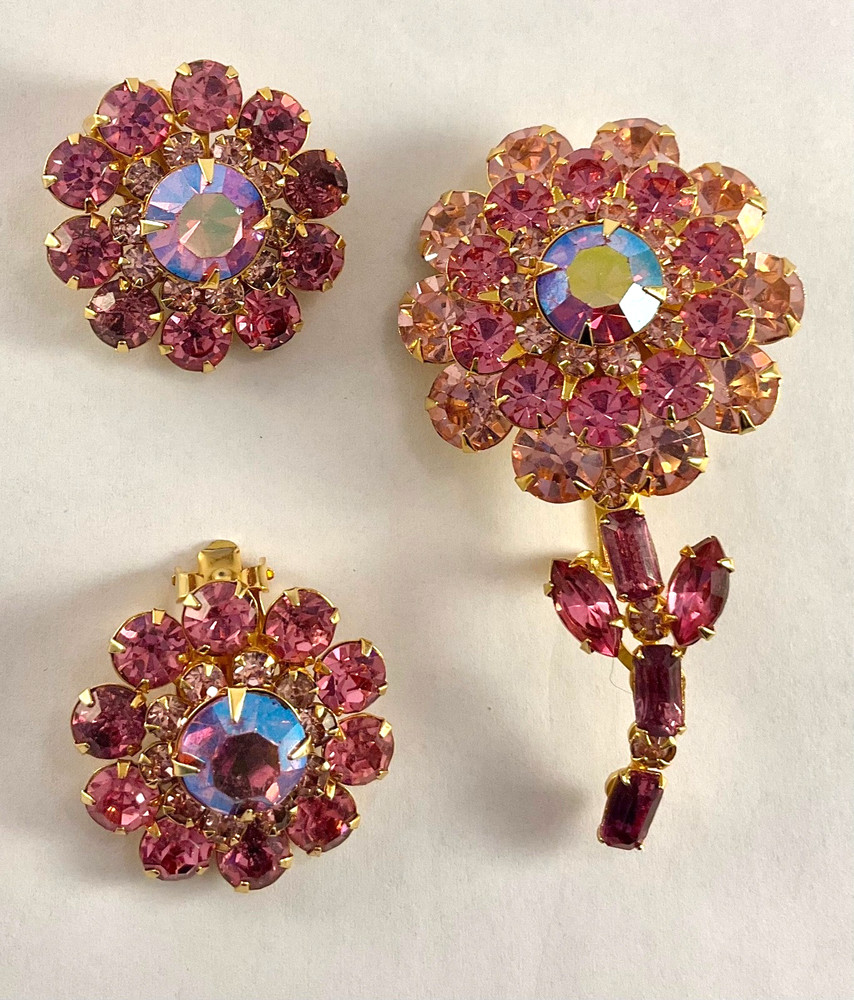 Vintage JUDY LEE Pink Rhinestone Flower BROOCH & EARRINGS Gold Tone Signed #889