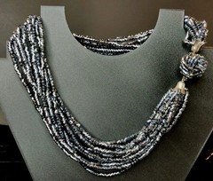 Black Czech Glass 12 Strand 1950’s Necklace Statement Push In Clasp VTG 15″