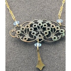 Vintage Edwardian Lavalier Necklace Open Framework Blue Glass Brass Barrel Clasp