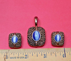 Vintage Premier Design Blue Morocco Cat’s Eye Pendant & Earring Set