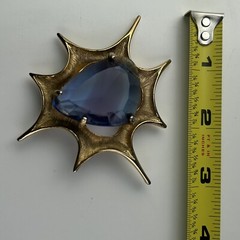 Atomic Blast Brooch Pin Signed BSK Gold Tone Blue Stone Starburst Vintage MCM