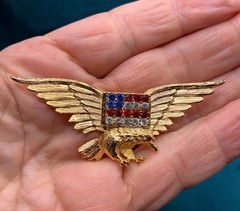 Vintage Gold Tone Rhinestone Patriotic Pin Brooch Eagle American Flag 3 1/8″