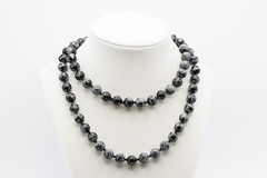 Vintage Snowflake Obsidian Bead Necklace Long Knotted Black Gray Stone Strand