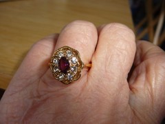 18KT H G P PLATED GOLD TONE TINY RED STONE SZ 7.5 RING #31/18-3