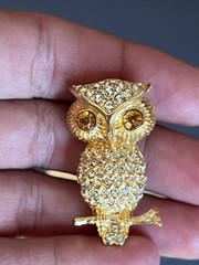 VTG Gold Rhinestone Owl Brooch Citrine Eyes Bird Pin 1.5” Mid Century Sparkle