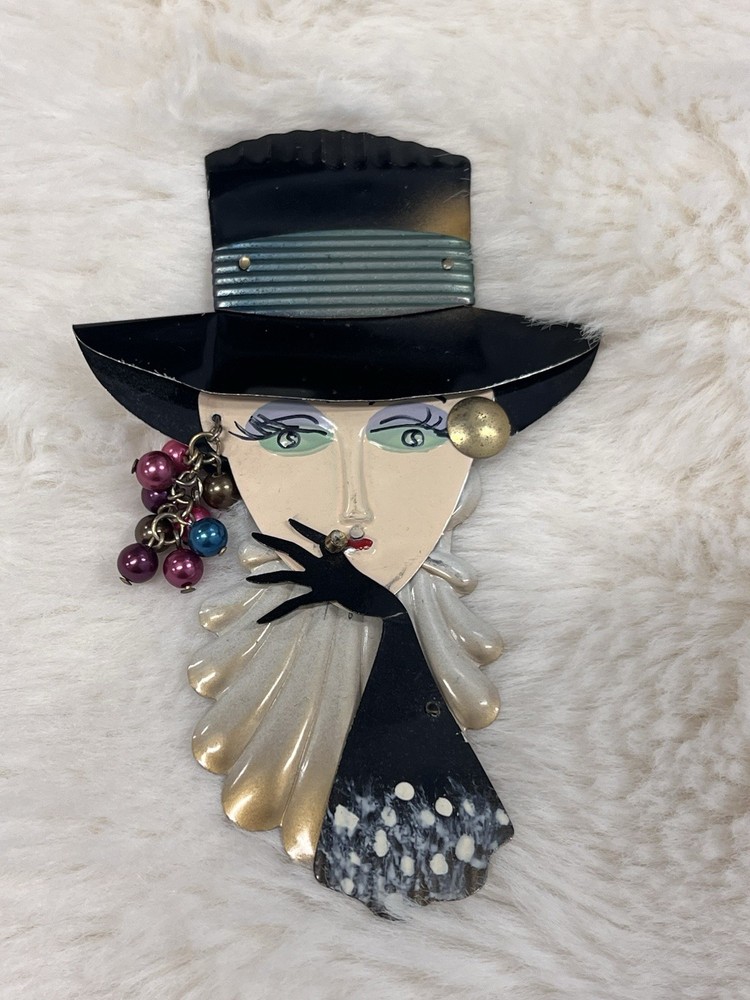 Vintage Art Nouveau Lady Metal Tin Pin Brooch Figural 80s Art Deco