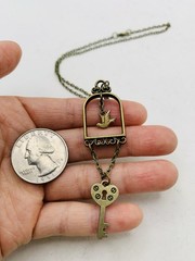 Vintage Bronze Tone Lovebird in Gilded Cage Dove Heart Lock Key 18 in Necklace
