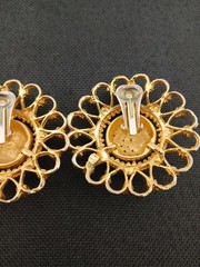 HUGE 1980 gold-tone pave clear crystals open metal work round clip-on earrings