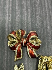 Vintage Gold Tone Brooch Lot Fairy Animals Red Bow Rhinestone Pins Costume