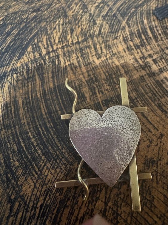 Mixed Metal Modernist Hammered Heart Pin Brooch Artisan Handmade