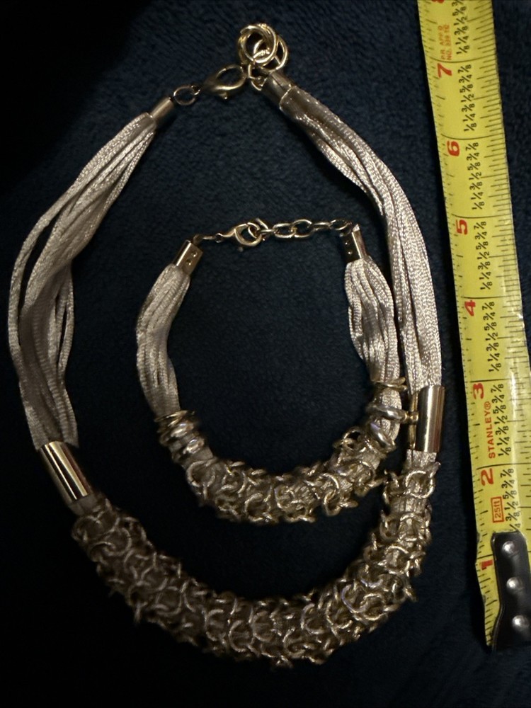 Unmarked jewelry, Gold Silk Ribbon, Gold/silver Accents, Necklace & Bracelet Set