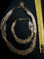 Unmarked jewelry, Gold Silk Ribbon, Gold/silver Accents, Necklace & Bracelet Set