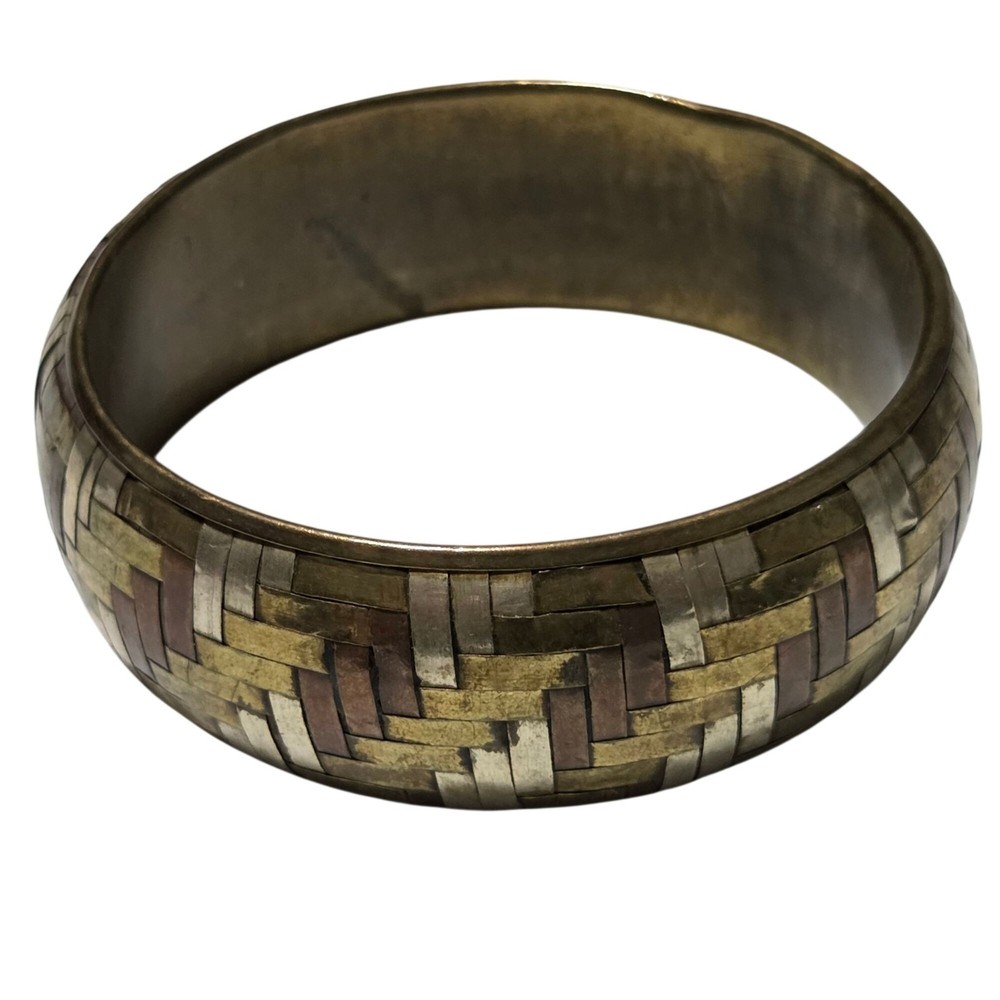 Vintage Brass Bangle Bracelet Woven Metal Inlay Retro Art Deco Fashion Jewelry