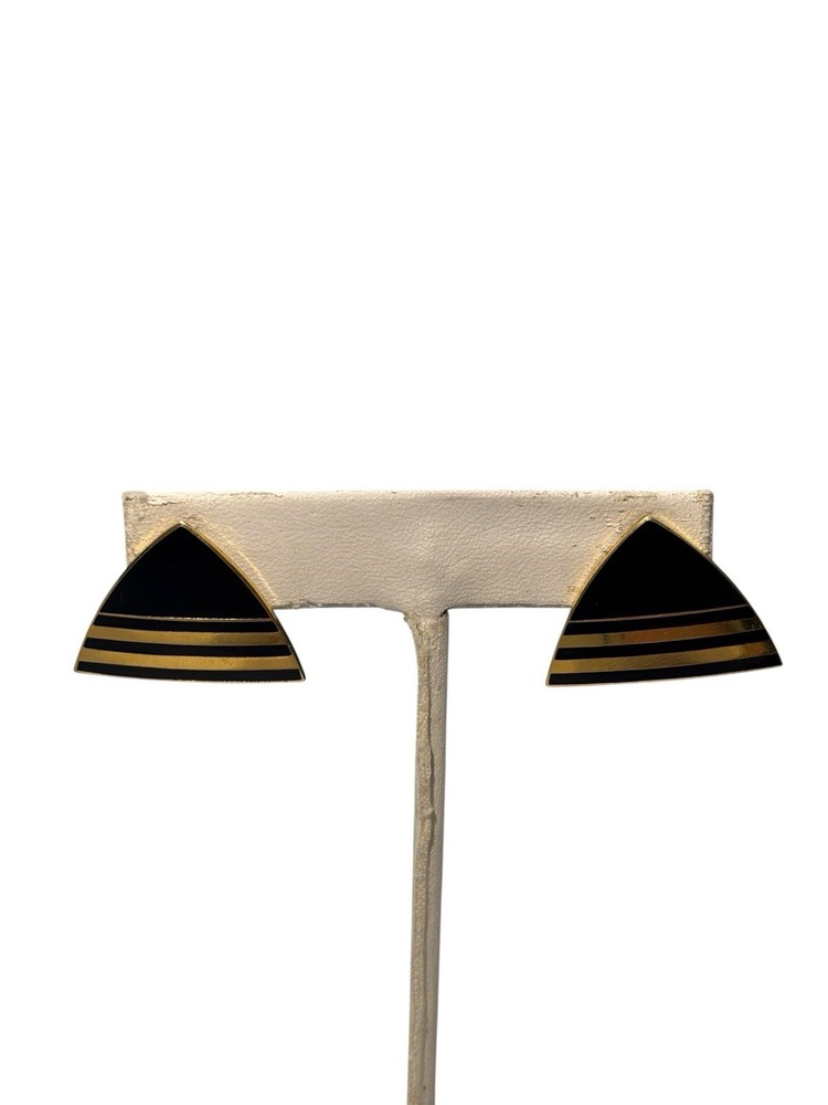 Vintage Skye Gold Tone Black Enamel Elegant Triangle Pierced Stud Earrings