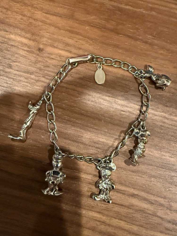 Vintage Disney Characters Silver Toned Charm Bracelet Mickey Minnie Pluto Donald