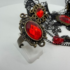 Gothic Red Crystal Lace Slave Bracelet Ring Set Victorian Dark Romantic Jewelry