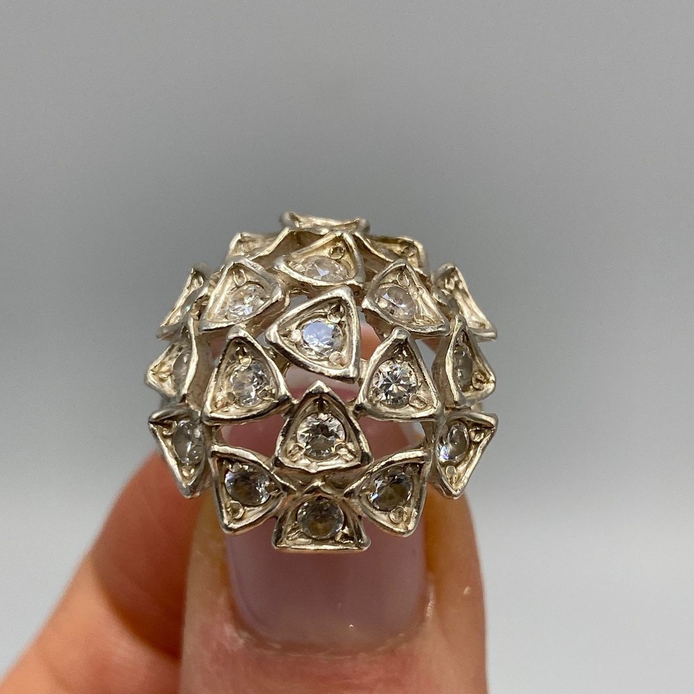 Vintage 925 Sterling Silver CZ Cluster Dome Ring Trilliant Cut Size 6.5 US