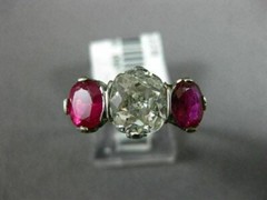 ANTIQUE 3.51CT OLD MINE DIAMOND & AAA RUBY PLATINUM THREE STONE ENGAGEMENT RING