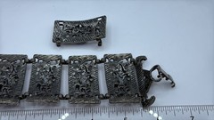 Silver Blue Stone Bracelet Lapis Pearl Vtg Ornate Brutalist Panel Mixed Metals