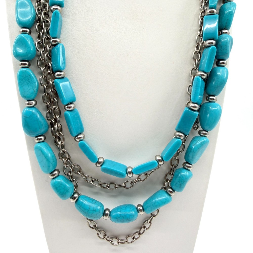 Vintage Silver Tone Turquoise Color Necklace Multi Strand Chunky Layered Chain