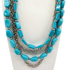 Vintage Silver Tone Turquoise Color Necklace Multi Strand Chunky Layered Chain