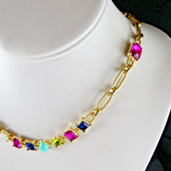R J Graziano Necklace Multi Color Faux Gemstone Gold Tone Fashion Pink Blue Red