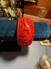 Vintage Cinnabar Red Resin Carved Dragon Bangle Bracelet